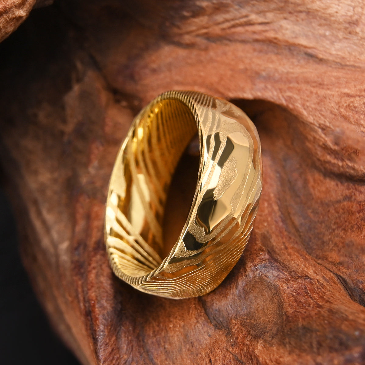 Gold Damascus Hammered Ring | Unique Mens Wedding Band Gold Steel 8mm Ring-zoom-6