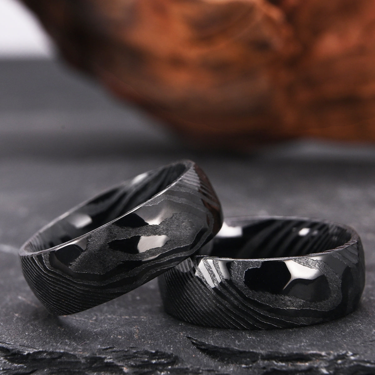 Ring Black Damascus Steel, Hammered Ring 8mm, Mens Wedding Band, Wedding Promise Rings, Engagement Rings for Men, Anniversary Ring-3