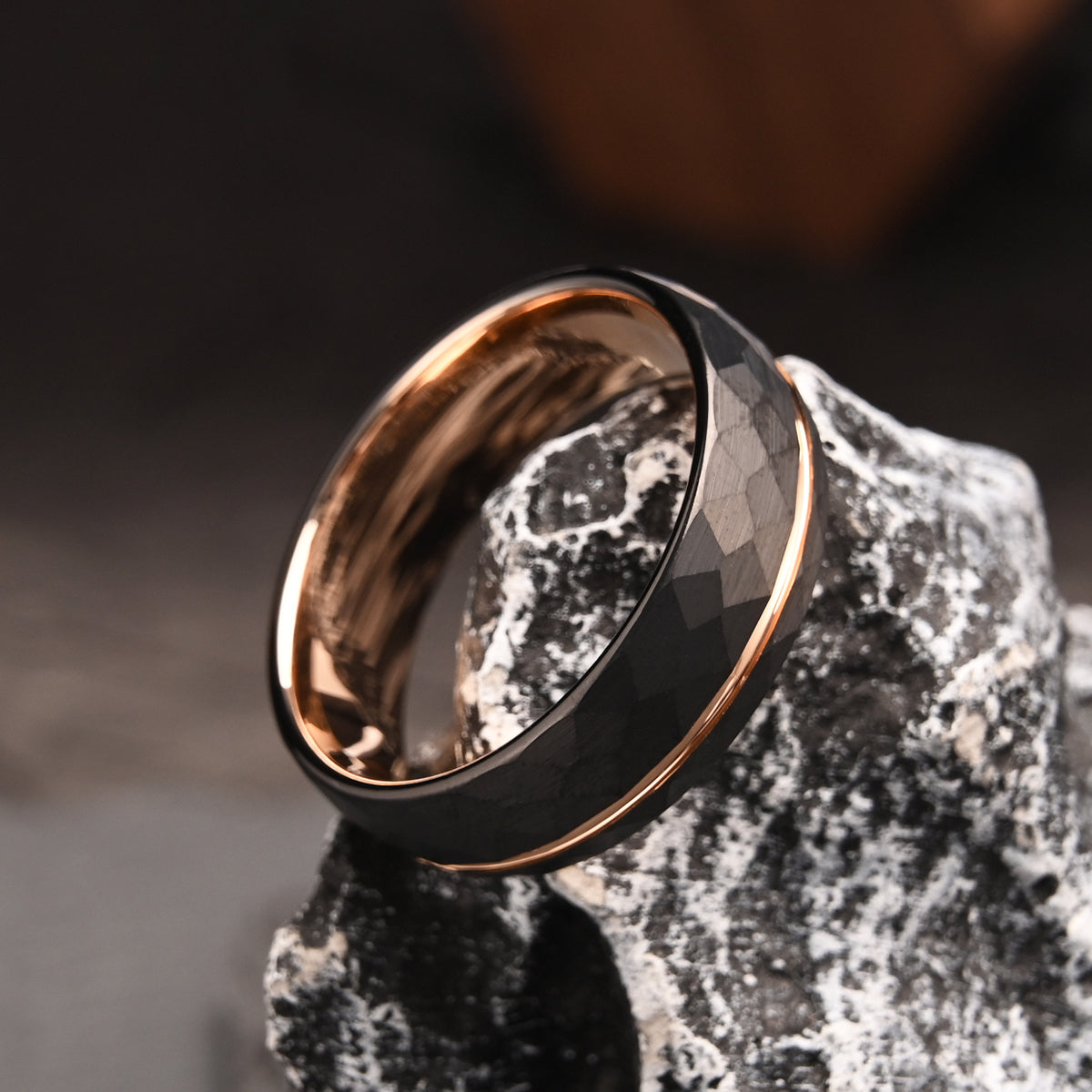 8mm Rose Gold Hammered Tungsten Carbide Ring Men's Wedding Bands Couples Ring Wedding Ring-7