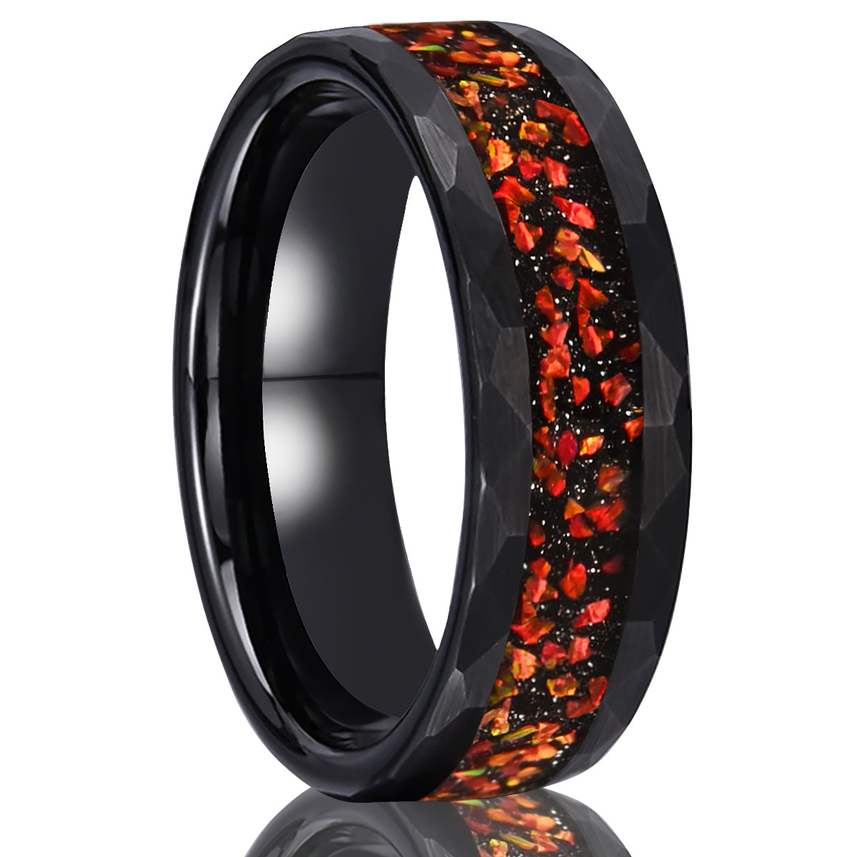 8MM Black Tungsten Carbide Ring, Men's Wedding Bands, Inlaid With Red Opal, Engagement & Wedding Ring, Promise Rings.-zoom-1