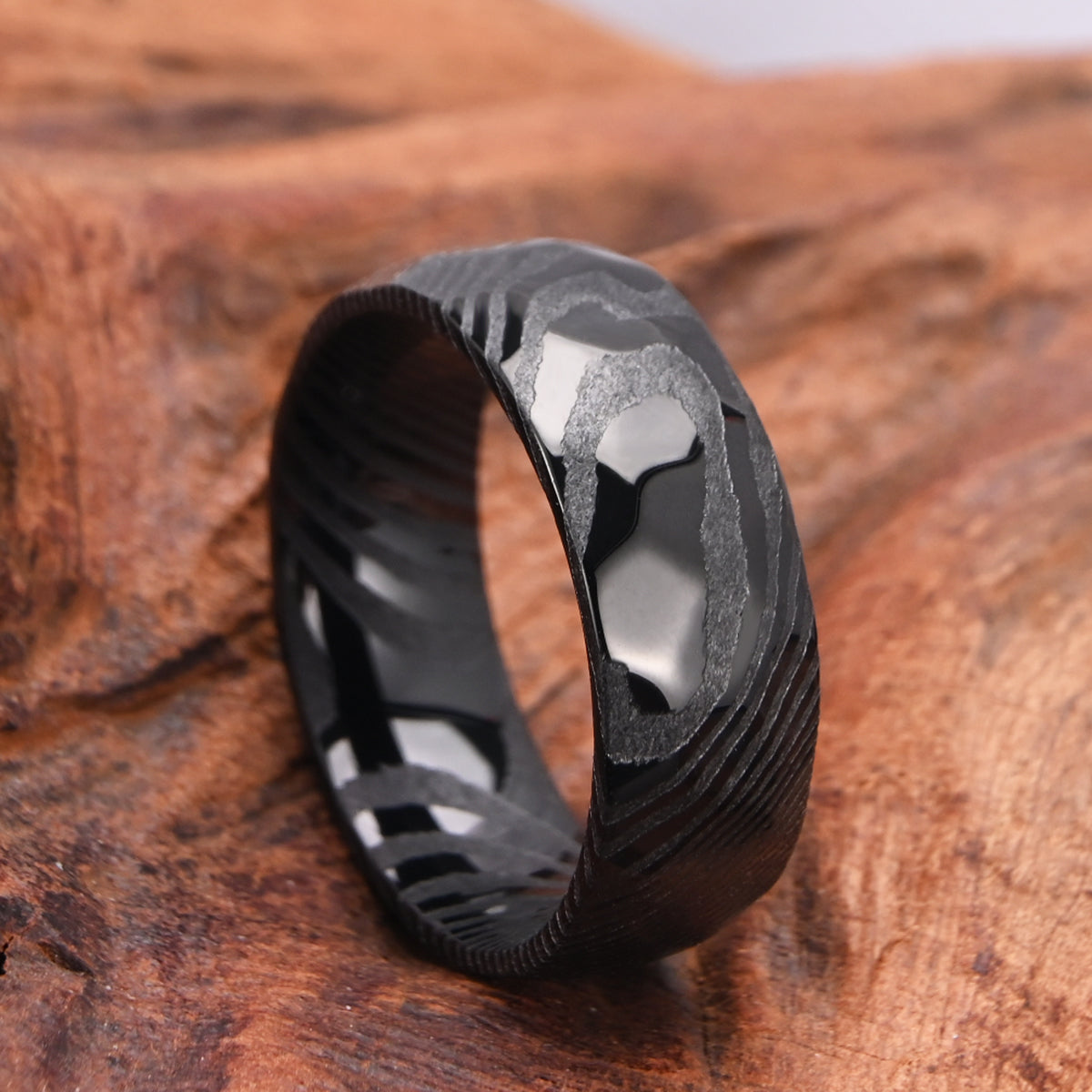 Ring Black Damascus Steel, Hammered Ring 8mm, Mens Wedding Band, Wedding Promise Rings, Engagement Rings for Men, Anniversary Ring-6
