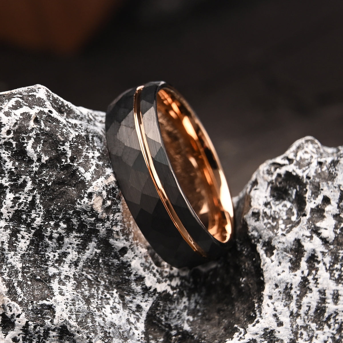 8mm Rose Gold Hammered Tungsten Carbide Ring Men's Wedding Bands Couples Ring Wedding Ring-zoom-2