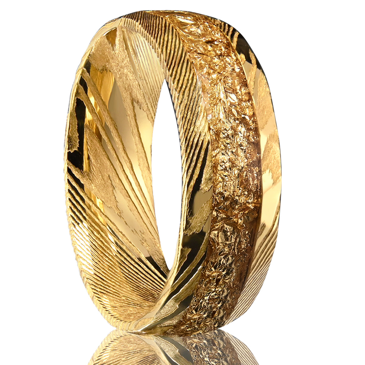 Bague en acier damassé doré de 8 mm, alliance pour homme, incrustée de feuilles d'or, bijou fantaisie, bague de fiançailles, alliance, cadeau raffiné, confort optimal-zoom-1