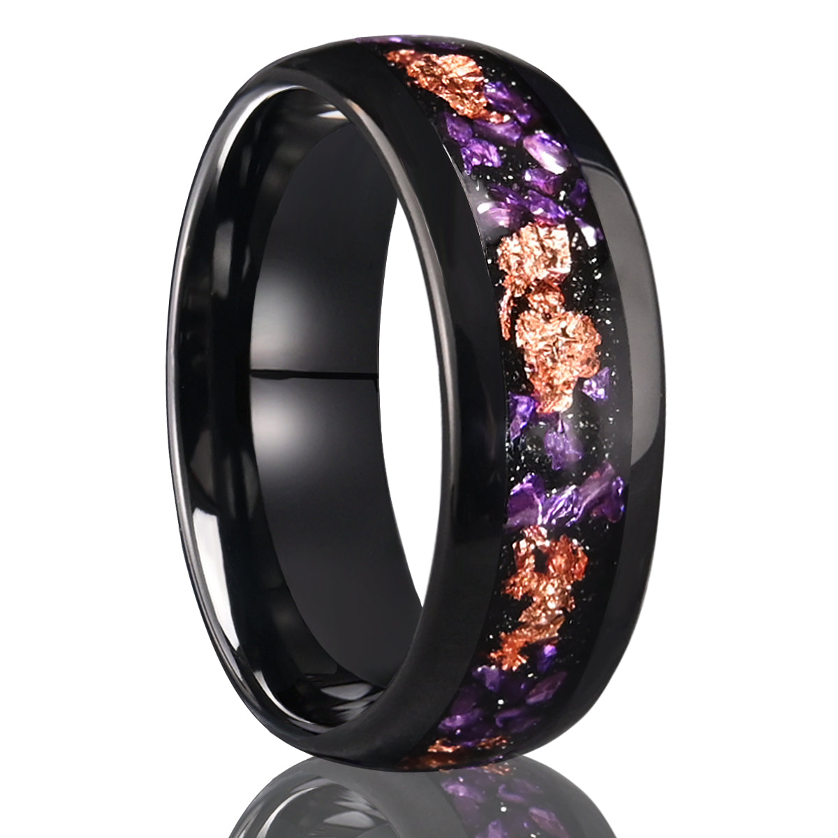 8MM/4MM Black Tungsten Carbide Ring inlaid with Amethyst and Rose Gold Foil Men's Wedding Band Engagement Ring Wedding Ring-zoom-1