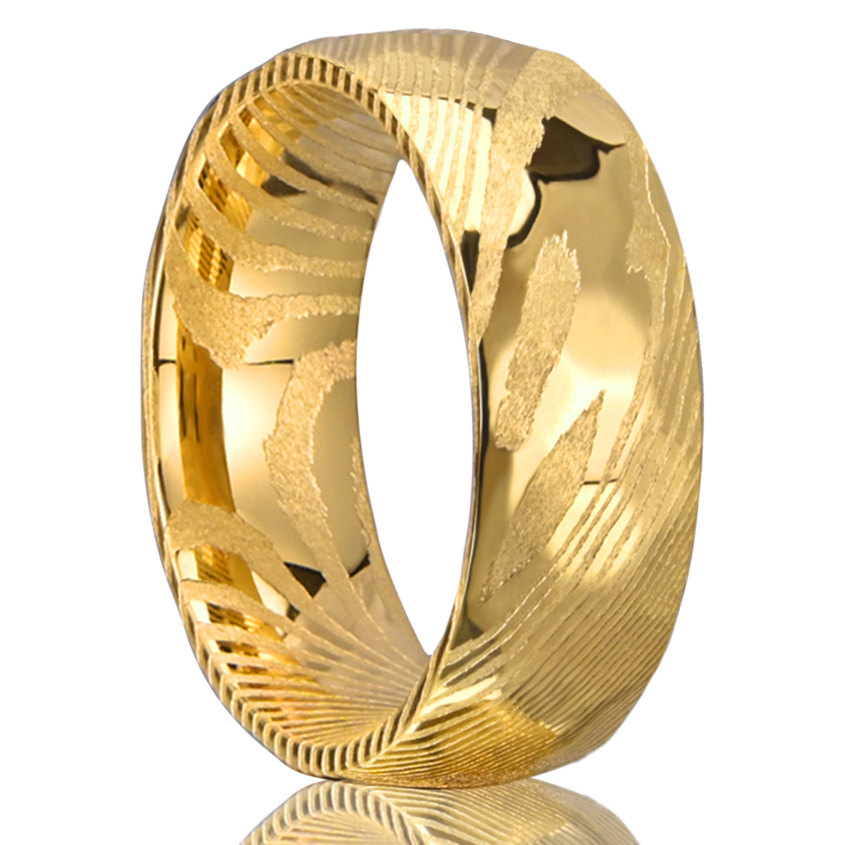 Gold Damascus Hammered Ring | Unique Mens Wedding Band Gold Steel 8mm Ring-1