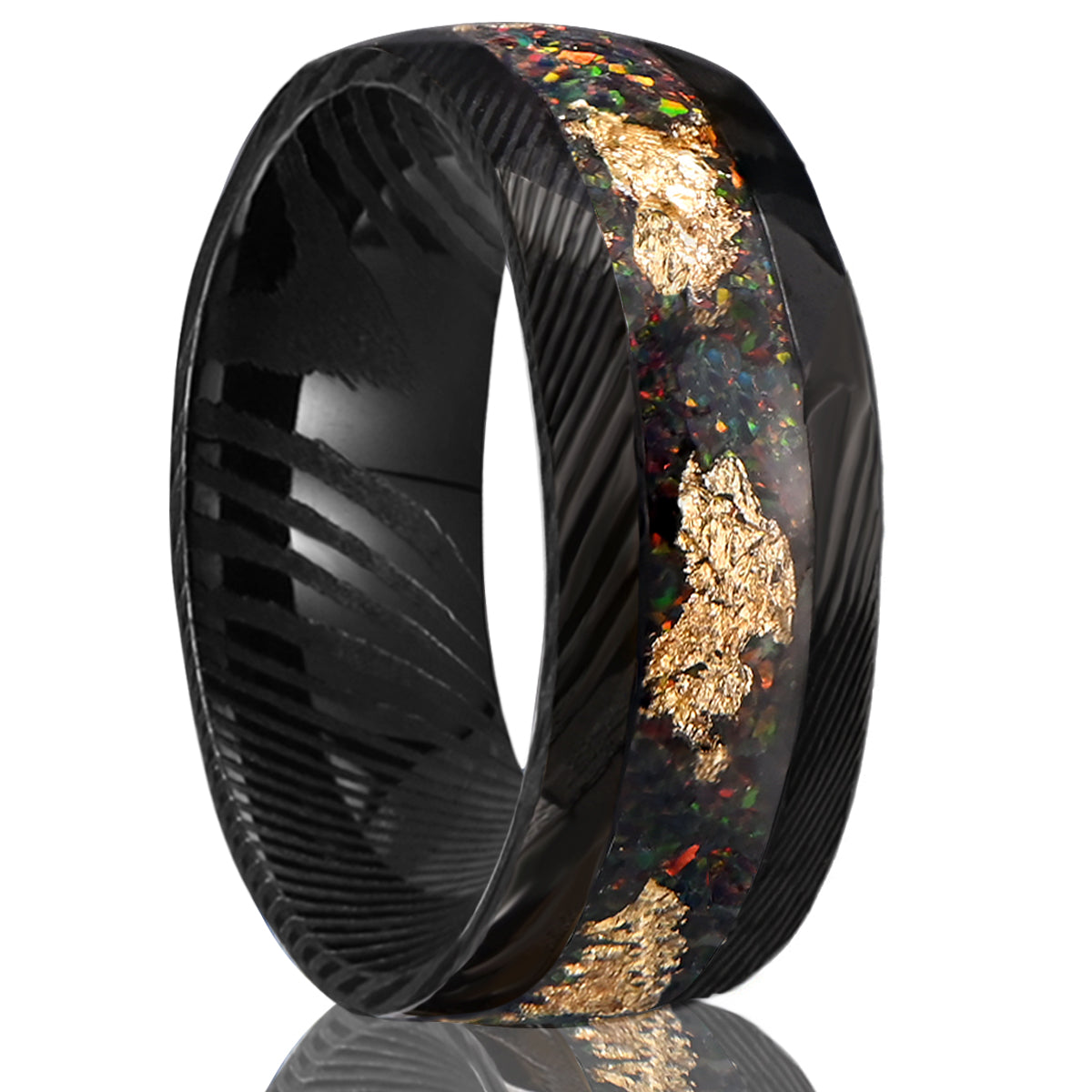 8mm black Damascus steel ring, men's wedding bands, set with red opal and gold foil, engagement ring men's wedding rings-1