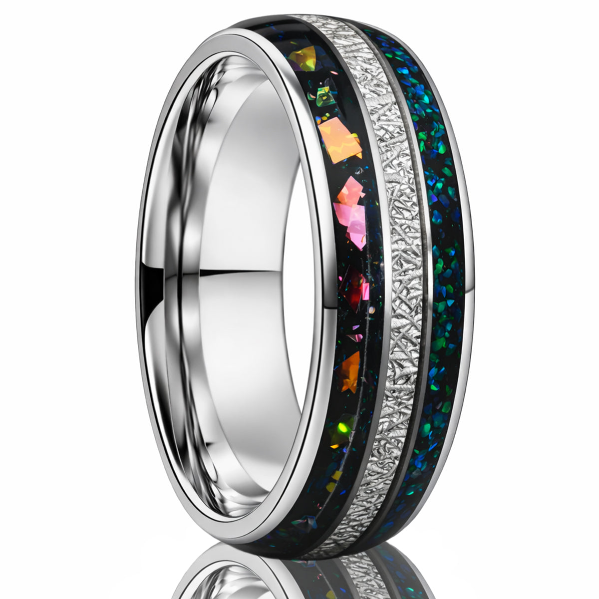8mm Silver Color Tungsten Carbide Ring, Men's Wedding Bands, Inlaid with Colorful Opal, Men's Ring, Engagement & Wedding Rings, Promise Ring-zoom-1
