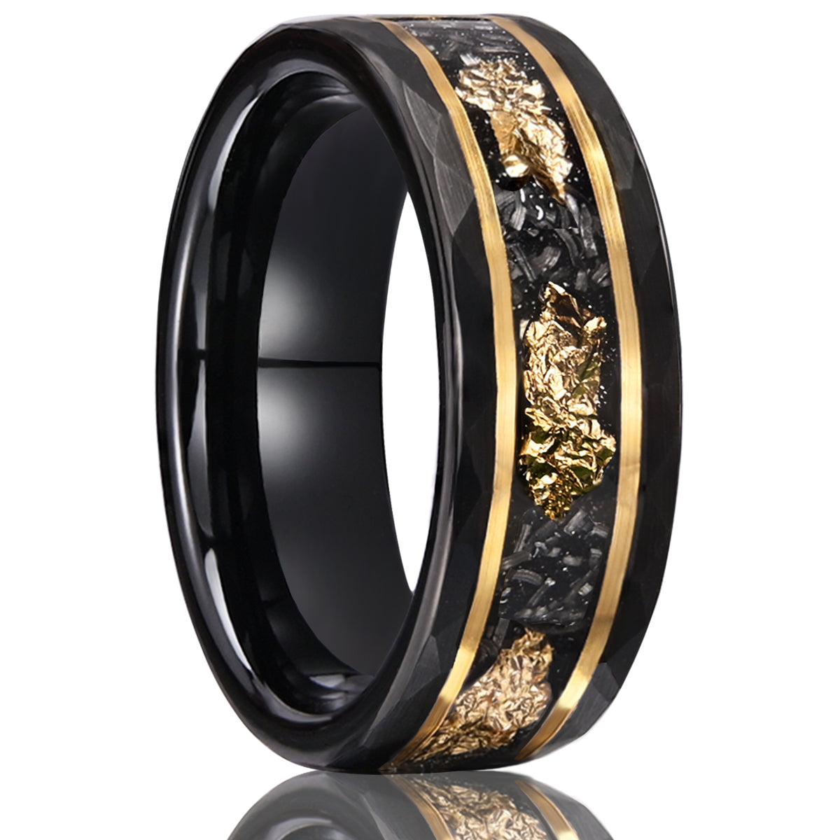 8MM/6MM Black Tungsten Carbide Ring Men's Wedding Bands Inlaid with Gold Leaf Meteorite Engagement & Wedding Rings Meteorite Ring