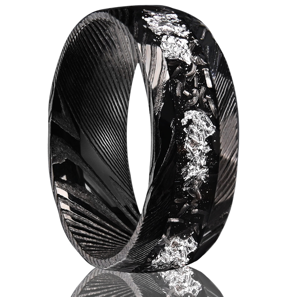 Damascus Steel Ring with Crushed White Gold Flakes & Meteorite Man Wedding Band, Hammered Cosmos Promise Engagement Anniversary Ring For Him